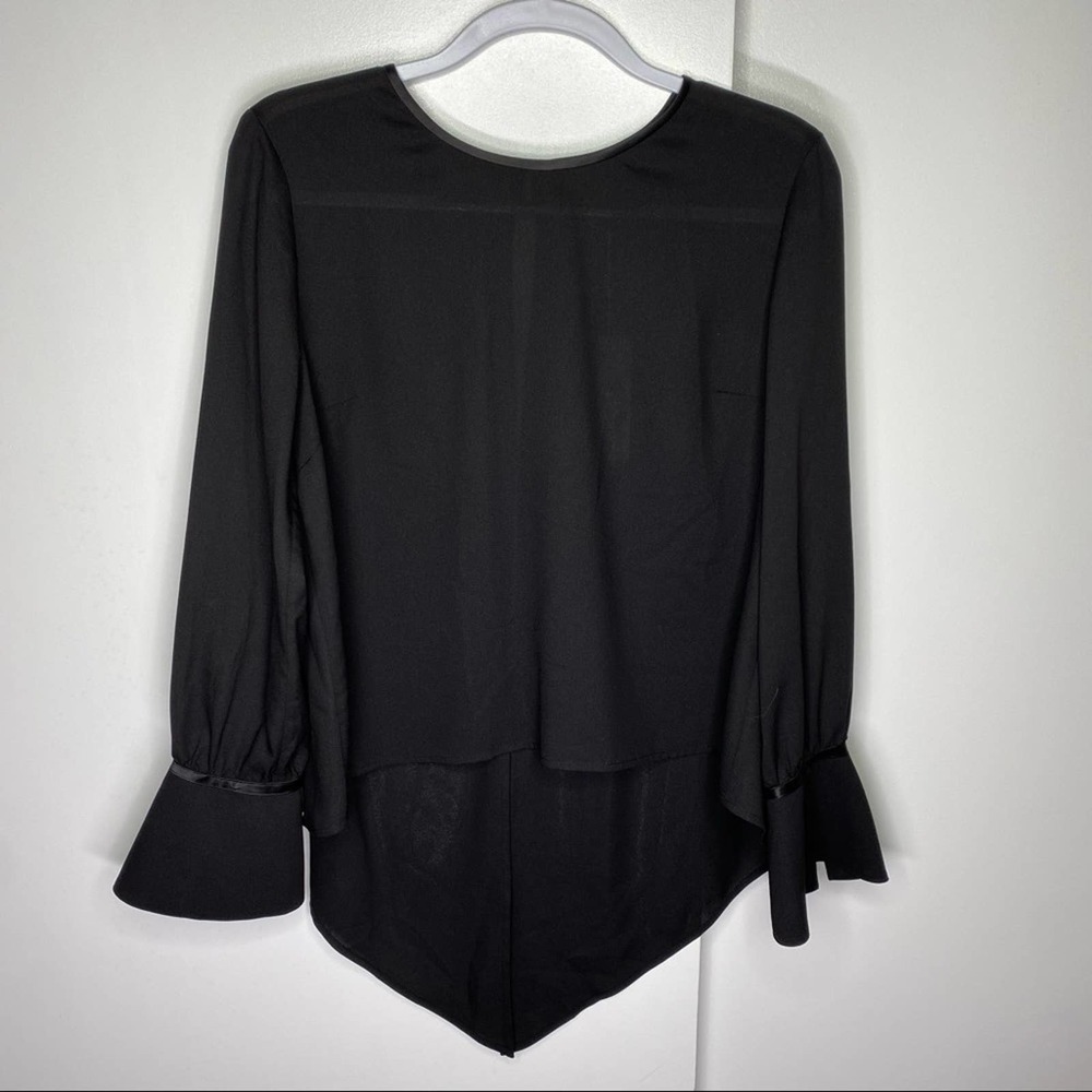 Abbey Glass Adeline Sheer Pointed Hem Crew Neck Trumpet Sleeve Blouse Black L